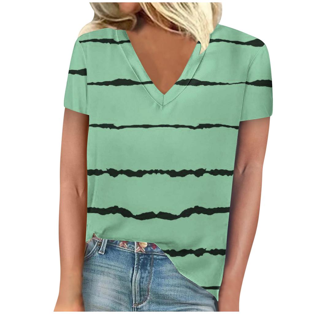 Summer V-neck 3D Stripe Printed Top Fashionable Casual Short Sleeved Women's T-shirts