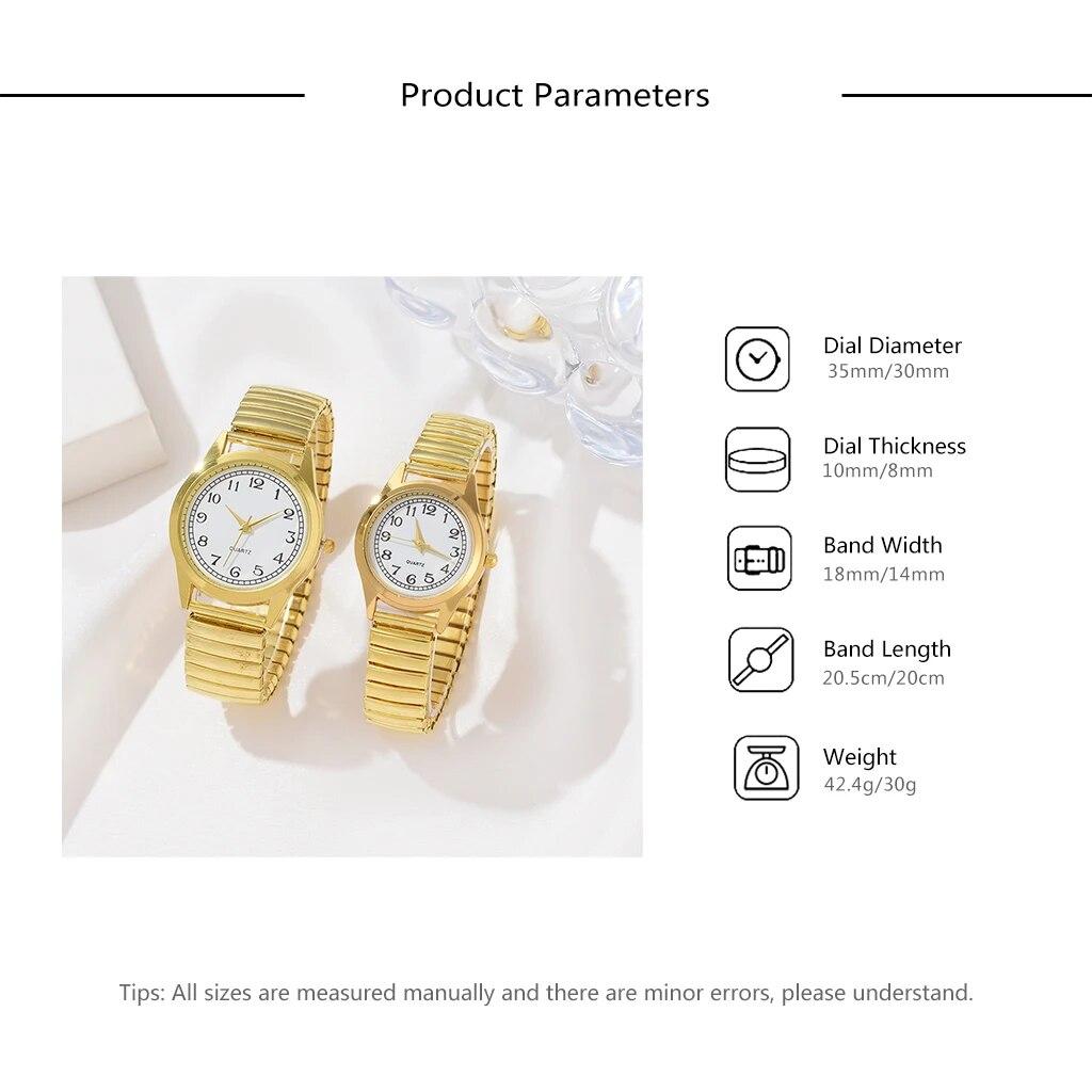 2 STÜCK Gold Retro Runde Zeiger Quarz Uhr Klassische Simulation Elastisches Armband Uhr Geeignet für Männliche und Weibliche Paare