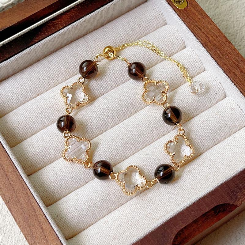 Green Rutilated Quartz & Obsidian Four-Leaf Clover Bracelet - Dreamy Wonderland Design for Women, Unique Gift.