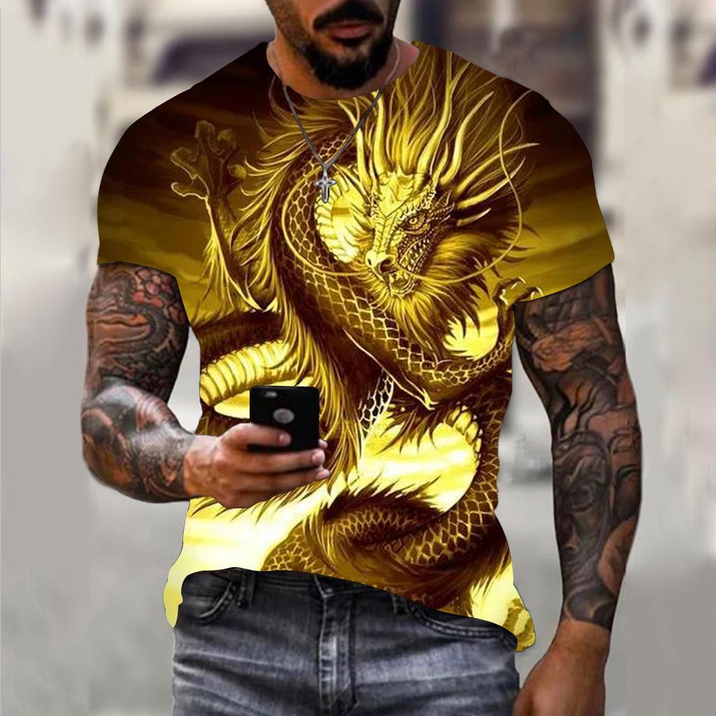 Summer Round Neck 3D Dragon Print Top Fashionable Casual Short Sleeved Men's T-shirts