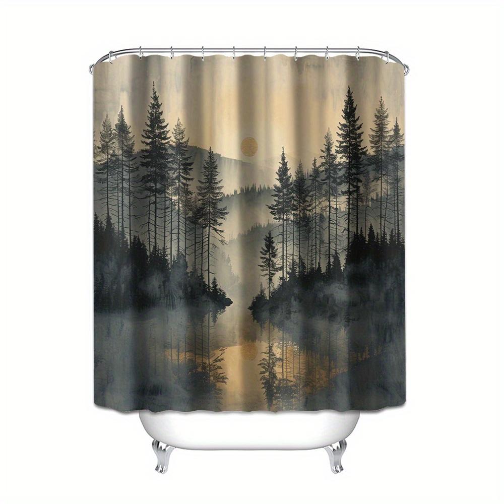 Set Of 4 Waterproof Polyester Shower Curtains, Forest Landscape Pattern, With Hooks, Machine Washable. Suitable For Bathroom