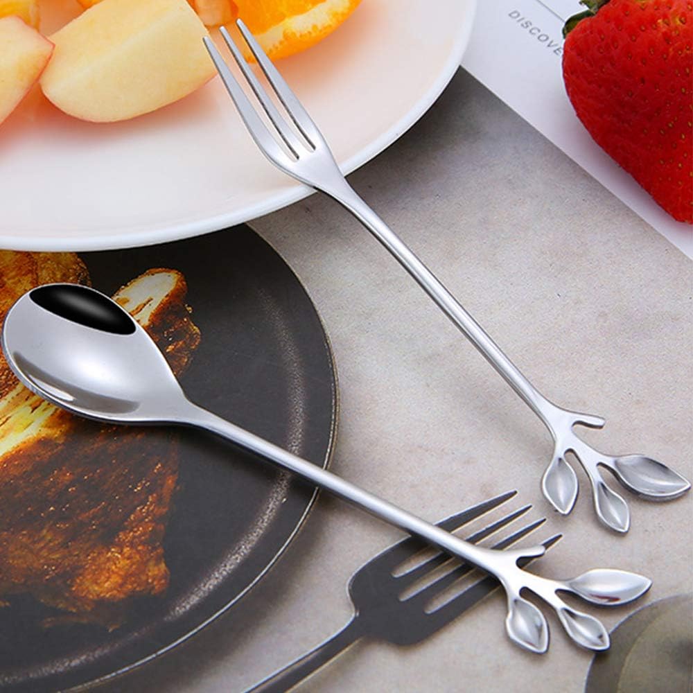 AnSaw 10-Pc Silver Mini Spoons & Forks Set, 4.7" - Stainless Steel, Leaf Handle, Ideal for Coffee,Tea, Appetizers, Tastings, Parties, Charcuterie &