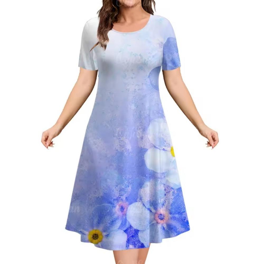 Summer Floral Print Dress round Neck Short Sleeve A-Line Skirt Elegant Women's Floral Skirt Casual Chic Lady's Clothing