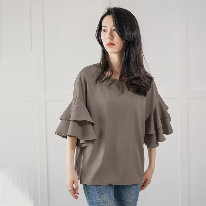 

Весна и лето Новая женская свободная рубашка с круглым вырезом и двухслойной наплечной рубашкой с изображением листьев лотоса для женщин L верблюд