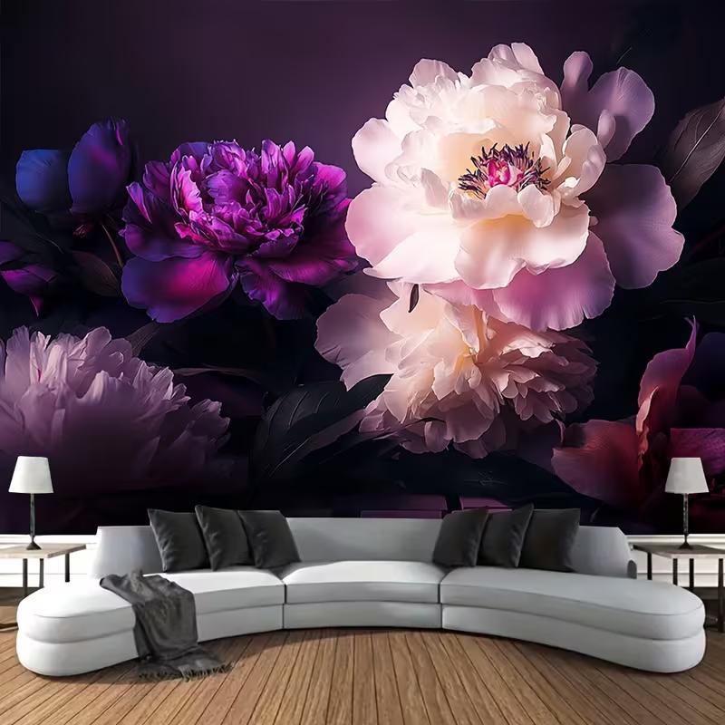 2D Moody Purple Peony Tapestry Dark Floral Aesthetic Wall Decor Background 47.2x31.5inch/120*80cm