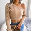 Herbst Winter Einfarbig Lässig Sexy Pullover Aushöhlung Schulterfrei Langarm Crop Top Damenbekleidung Blau Weiß Khaki Pullover