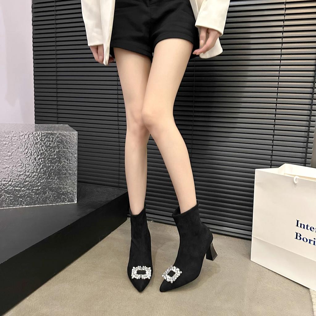 Pantofi de damă la modă, pantofi simpli, iarnă, noi, cu toc înalt, piele întoarsă, strasuri, fermoar, botine scurte, modă, temperament, înălțare, pantofi profesionali