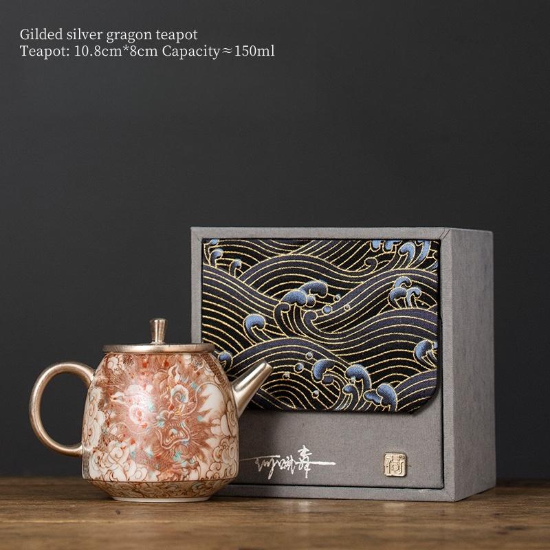 150ML Master He Fusen Chinese Style Teapot Silver Gilded Dragon Teapot Retro Ceramic Teapot Gift Box Kungfu Tea Set Tea Ceremony