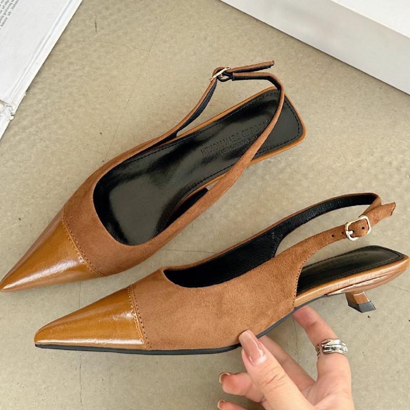 Elegant Splicing Brand Designer Sandals Women Sexy Pointed Toe Low Heel Pumps Fashion Satin Buckle Slingback Heels Zaptos Mujer
