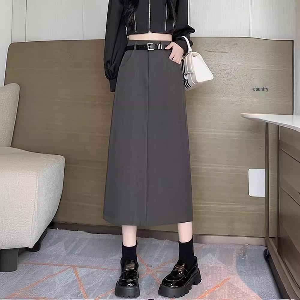 Women's 2024 High-Waist Black A-Line Split Skirt: Elegant, Versatile for Spring & Autumn