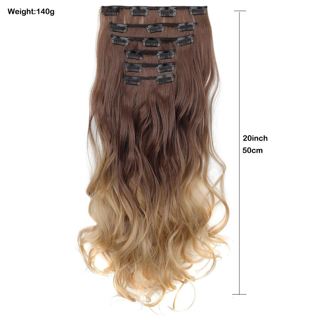 6PCS Set Hairpiece Clip In Hair Extensions Long Wavy Hair Full Head Brown Ombre Gradient Color Natural Look