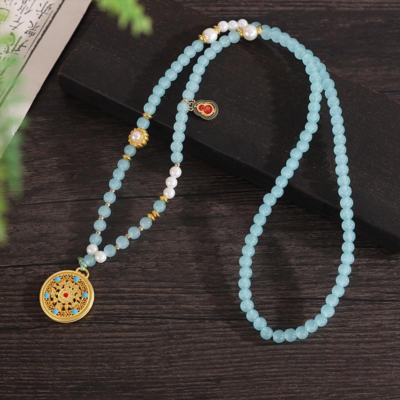 Chinese Style Pearl Necklace Hanfu Accessory Zinc Alloy Hollow Carved Pendant Long Chain Necklace