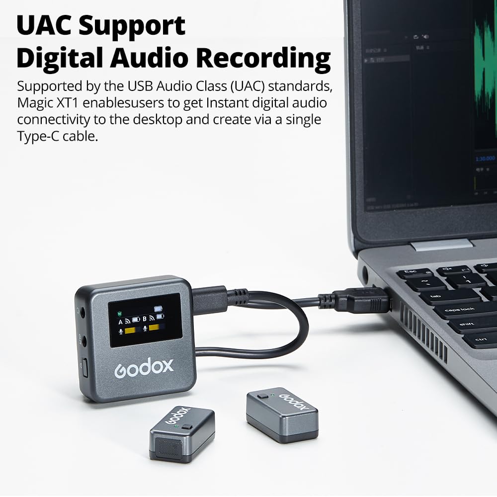 Godox Magic XT1 Wireless Lavalier Microphone for Cameras TX 1 RX with Charging Noise Touchscreen Mini Wireless Microphone (2 + Case), Cancelling, 16H,