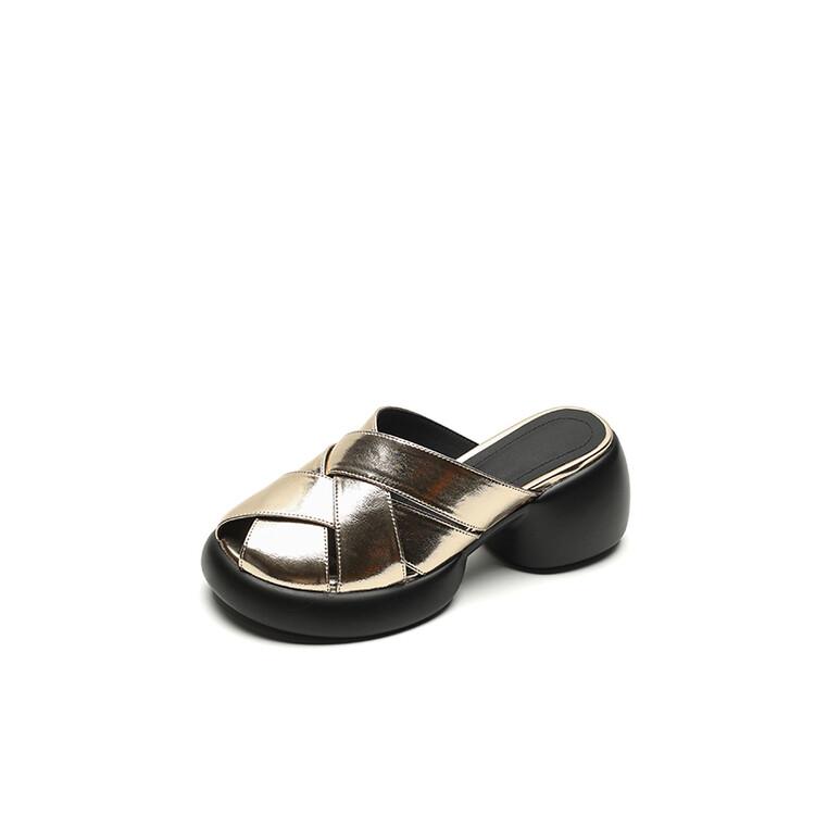 

Fashion 2025 Summer Sandals Split Leather Round Toe Slippers Platform Gladiator Shoes Chunky Heels Shoes for Women Handmade High Heels 40 золотой