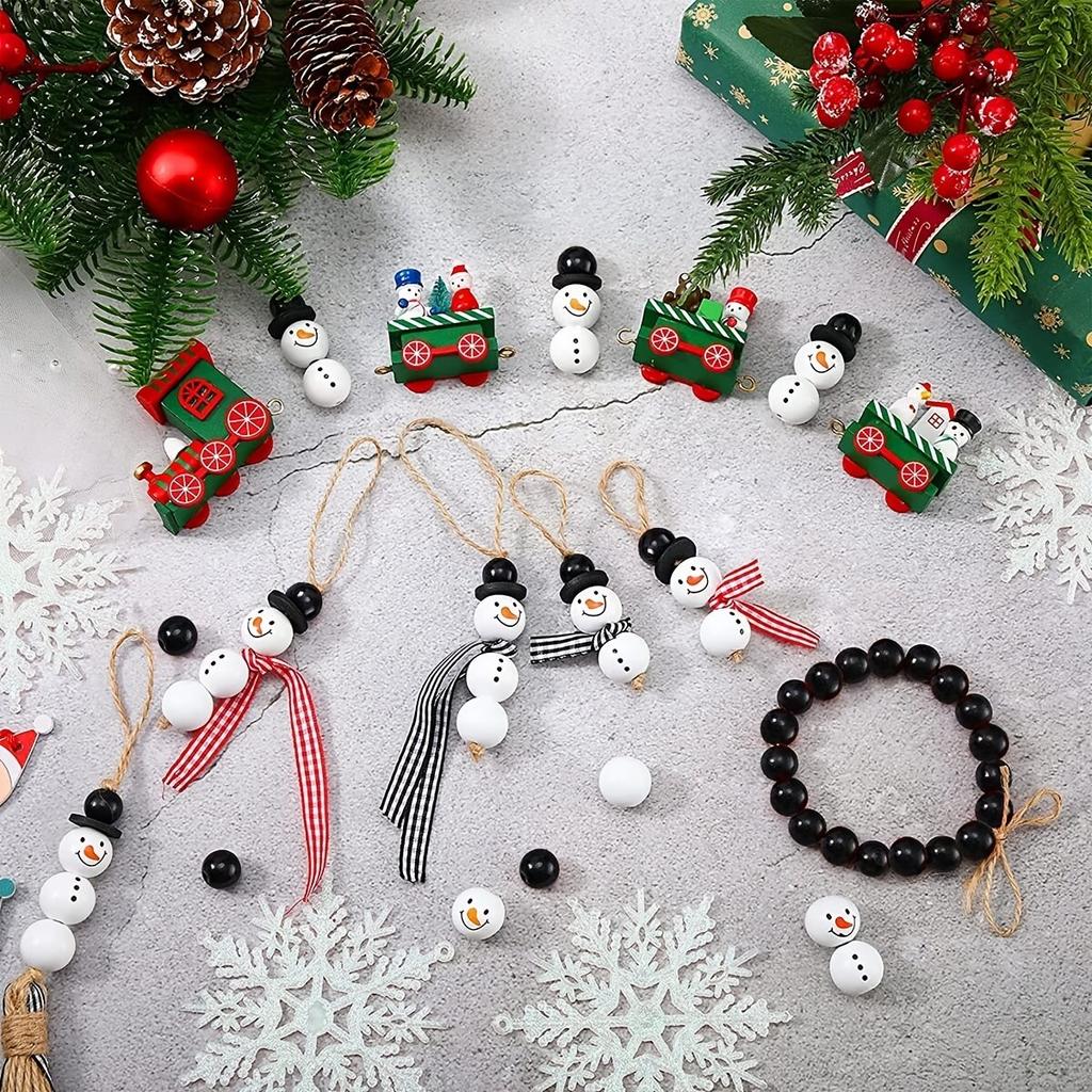 50pcs/100pcs Christmas Snowman Wooden Beads With Jute Twine Unfinished Winter White Round For DIY Crafting Making Holiday Party