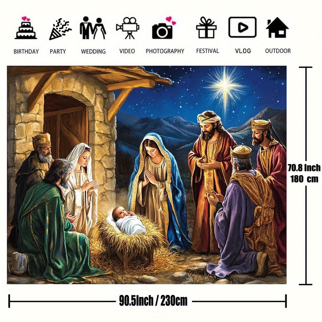 2D Flat Nativity Scene Background with Manager Starry Sky and Three Wise Men - Polyester Festival Decoration