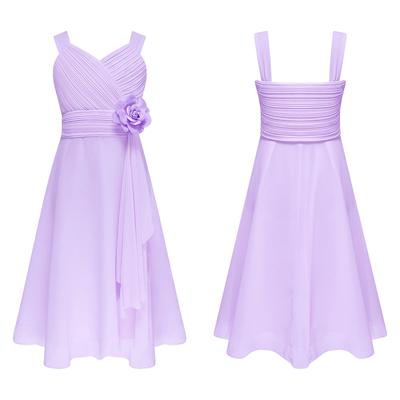 Girls Elegant Flower Dress V Neck Sleeveless Ruched Bodice Design Cascading Ruffle Chiffon Party Dress