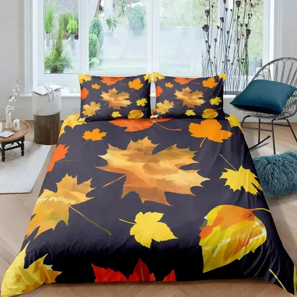 Maple Leaves Duvet Cover Set Colorful Autumn Season Maple Leaves In Unusual Designs Nature Print King Size 3D Bedding Set