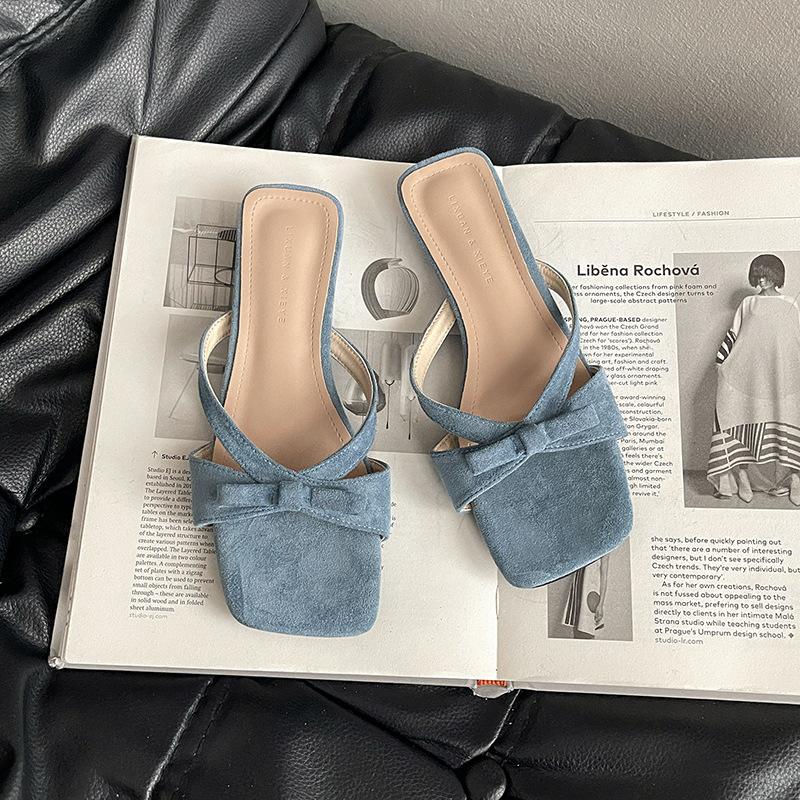 

French bow flat shoes 2025 spring and summer new temperament elegant retro women s square head shoes cool slippers 35