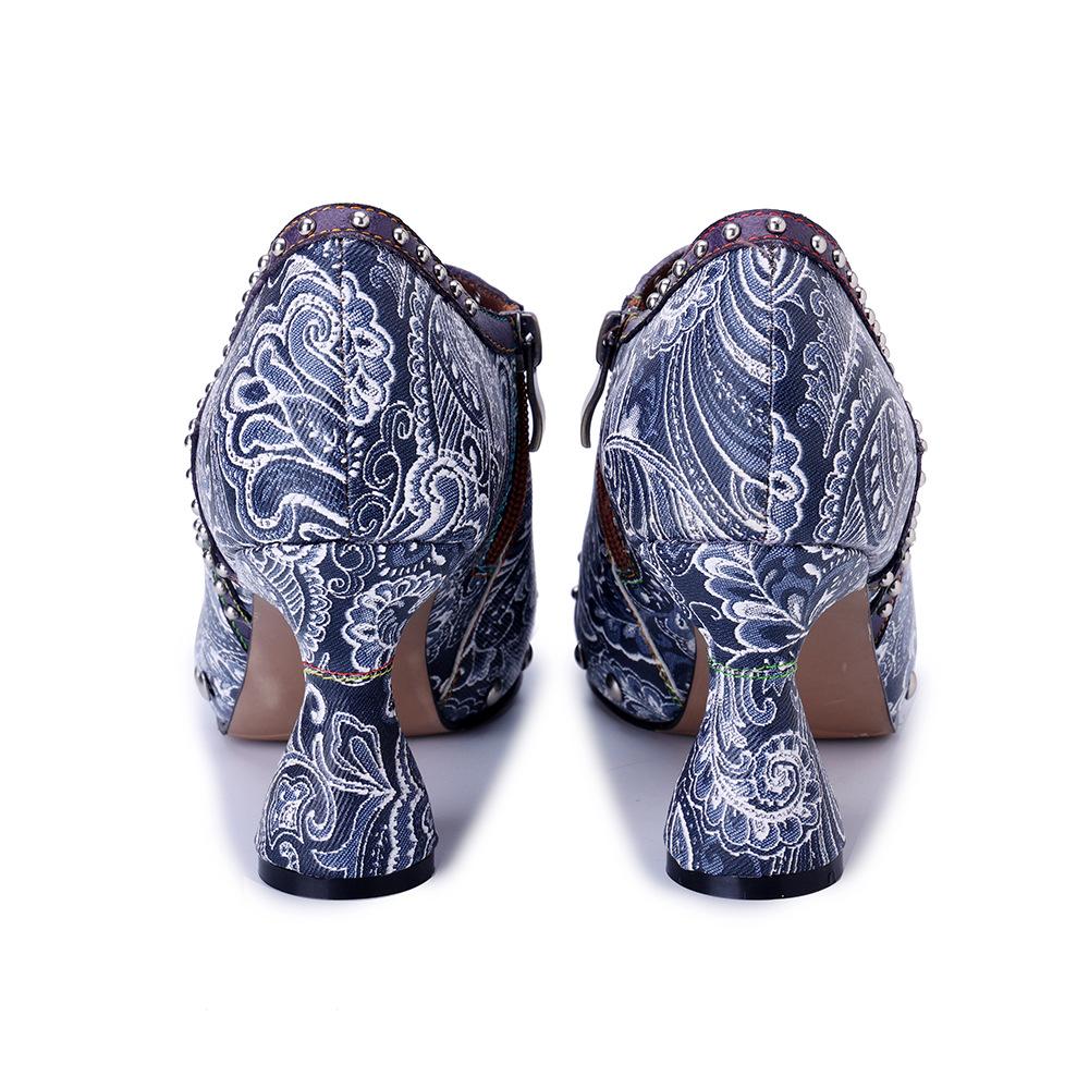 Johnature 2025 Autumn/Winter New Handmade Genuine Leather Splicing Printed Rivet Fashion Women's High Heels