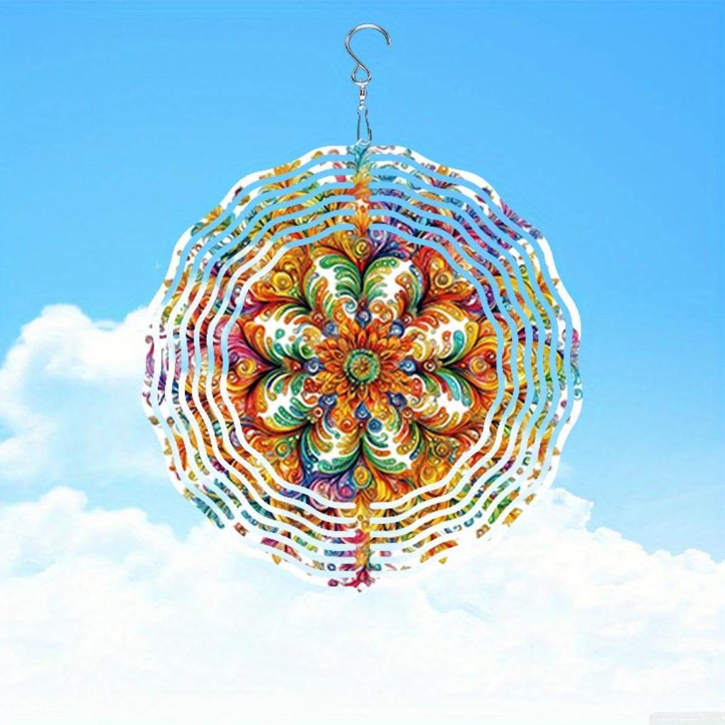 Vibrant 2D Metal Wind Chime for Outdoor Garden Decor Durable Anodized Windmill with Colorful Ribbons West Siberian Mandala Design