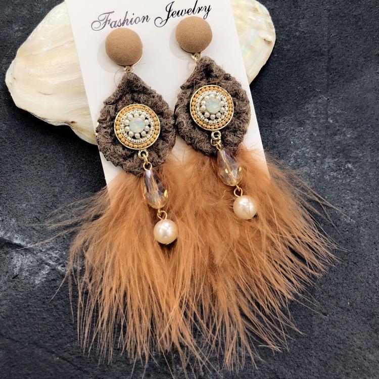 

Винтажные богемные серьги с перьями, длинные темпераментные серьги-гвоздики с бахромой, нишевый дизайн, серьги в цветочном отпускном стиле, женские