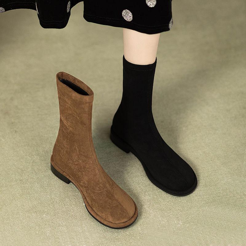 Fashion Suede Elastic Elegant with Low Heels Ladies Mid Calf Shoes Winter 2025 Novelty Sale Y2k Comfortable Goth Women's Half High Boots
