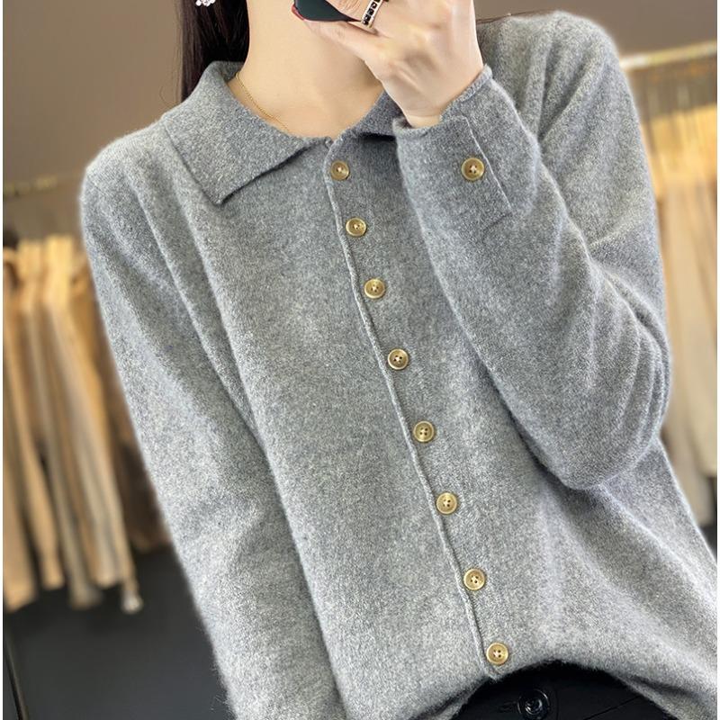 Polo Collar Knitted Wool Cardigan for Women In Autumn and Winter New Fashion Versatile Sweater Warm Skin-friendly Coat Top