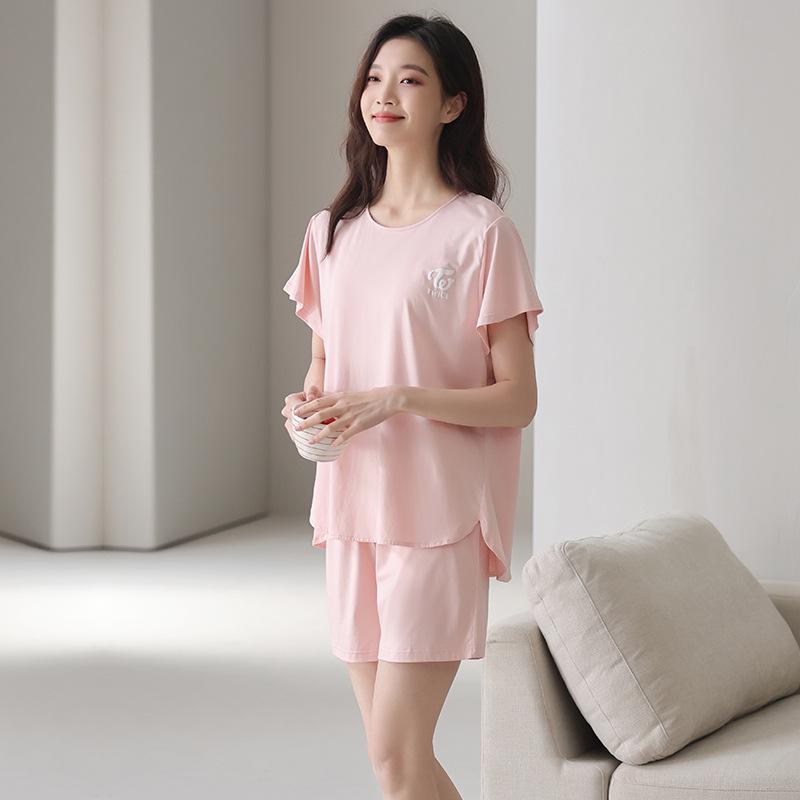 Lyocell Women's Summer Short Sleeve Pajama Set with Chest Pads - Casual Plus Size Home Wear