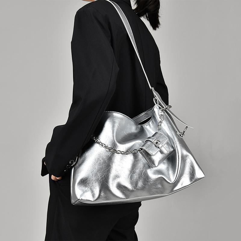 Yogodlns Fashion Women's Trend Fashion Large Capacity Silver Soft PU Leather Underarm Bag Commute Hobo Shoulder Bags