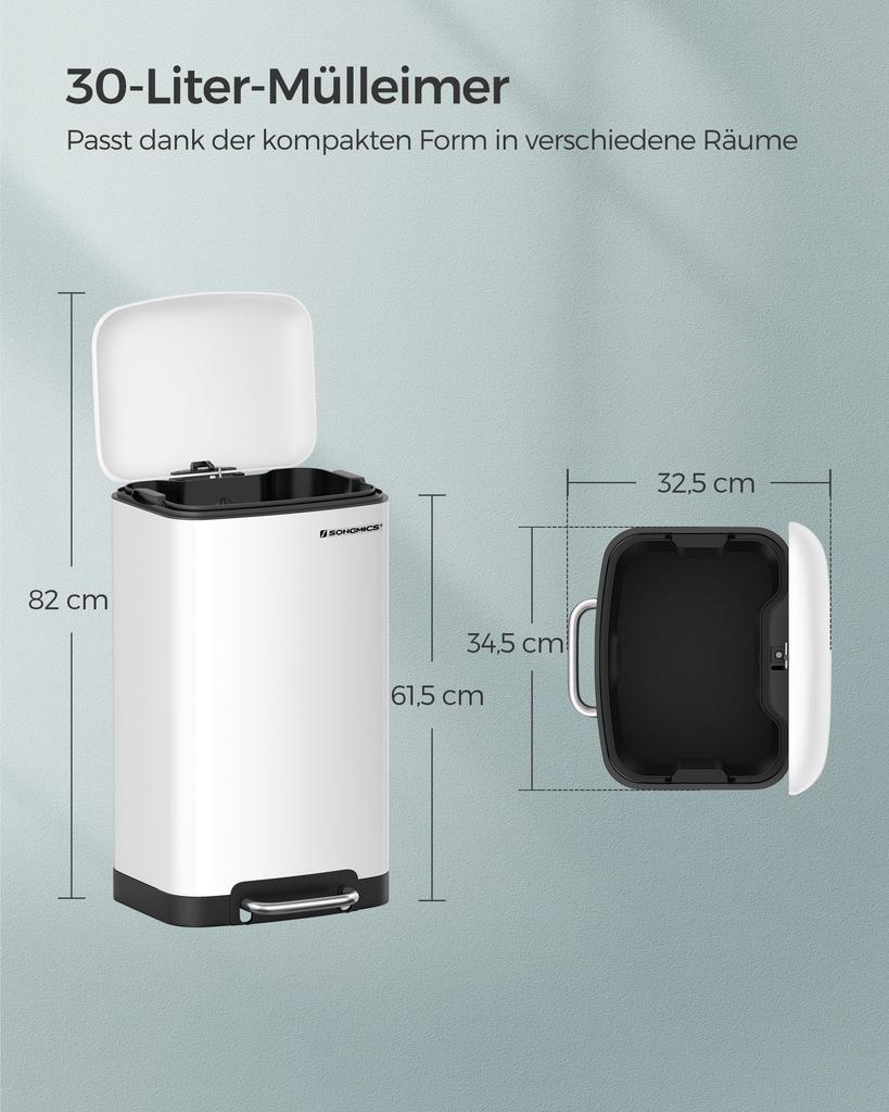 SONGMICS Rubbish Bin, 30L Trash Can, Steel Pedal Bin, with Inner Bucket and Lid, Soft Closure, Airtight, for Kitchen, Living Room, White