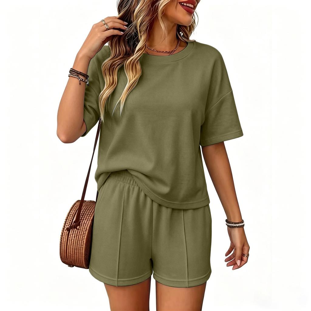 Women’s Relaxed Fit Short Sleeve Top and Shorts Two Piece Outfit Set for Casual Summer Wear Lounge and Daily Activities