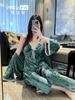 1011 autumn and winter new V-neck lace gold diamond fleece suspender trousers nightgown three-piece set girl style sweet loungewear