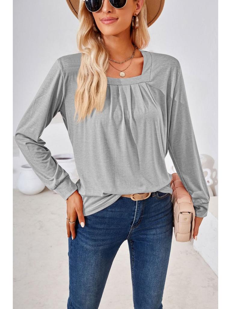 2025 New T Shirts For Women Long Sleeve Square Collar Pleated Pullover Tops Casual Loose Solid Colors Fashion T-Shirt Streetwear
