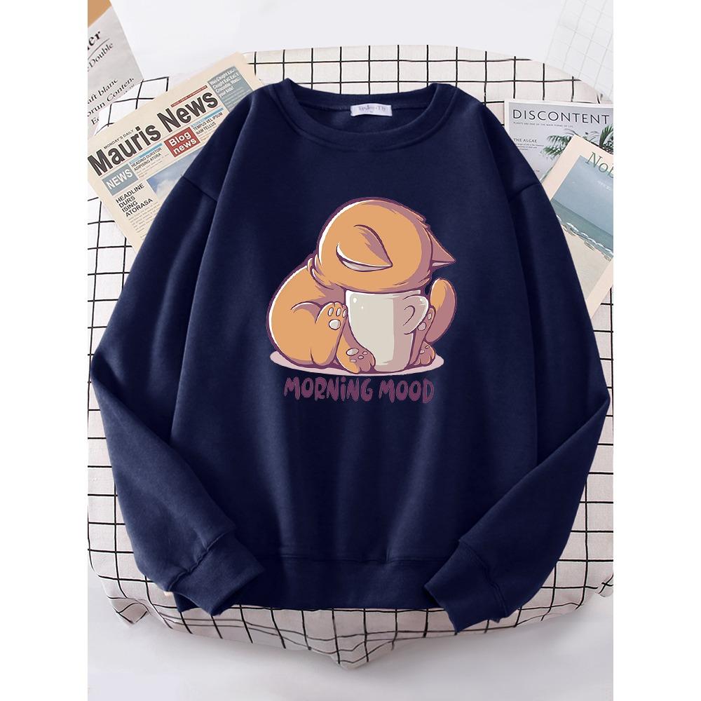 Cat Is Looking At The Cup Lovely Sweatshirt Female Fashion Fleece Hoody Crewneck Casual Hoodies Pullover Oversize