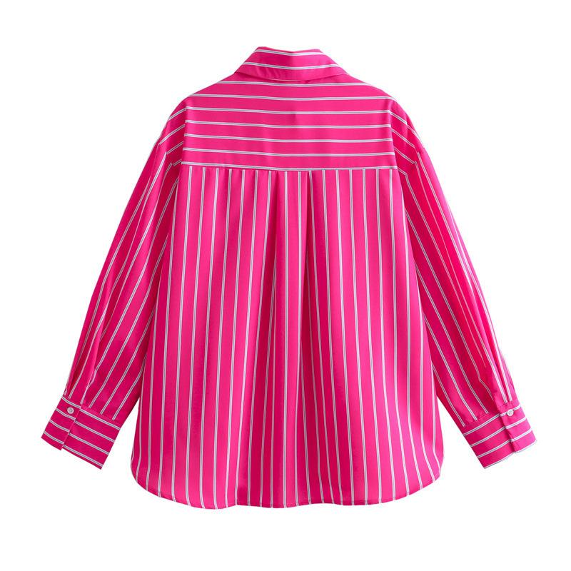 Primavera Nuovo Moda Donna Stile Europeo e Americano Versatile Camicia a Righe Ampia a Maniche Lunghe