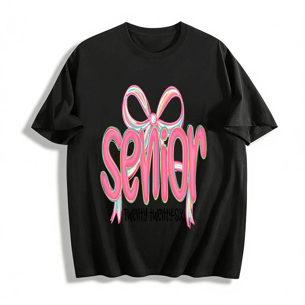 Senior 2026 Bow Print Sweet Loose Fit Graduation Top Pure cotton T-shirt XXS