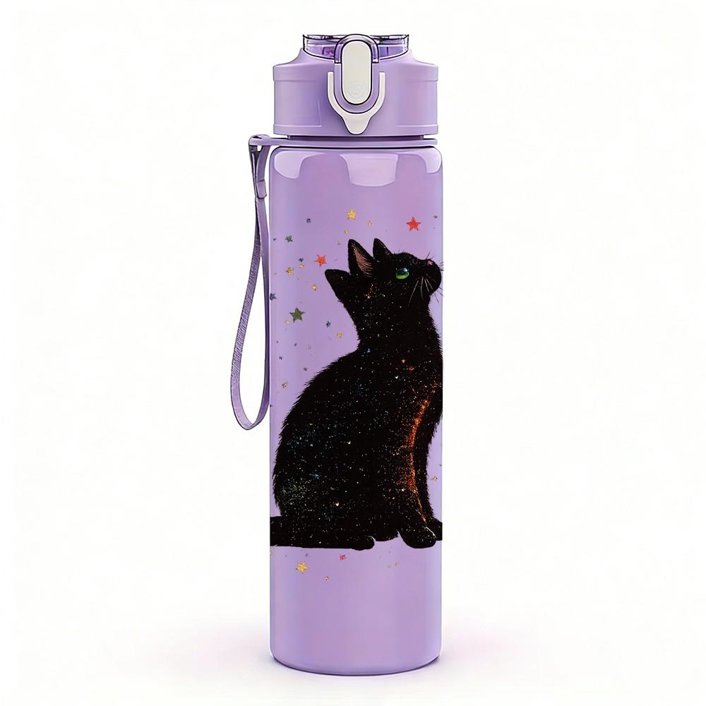 1PC Single Black Cat Silhouette Standing Print 750ml Color Plastic Sports Water Bottle Leakproof Flip Straw Lid Suitable for Sports Office Home Use