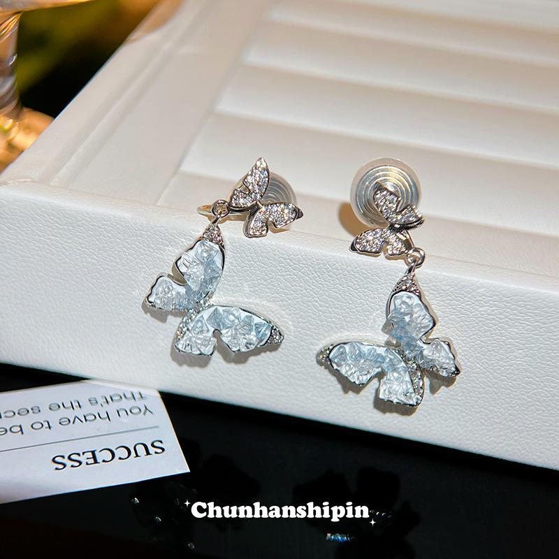 Blue gradual change crystal butterfly no pierced earrings unique design size double butterfly earrings earrings