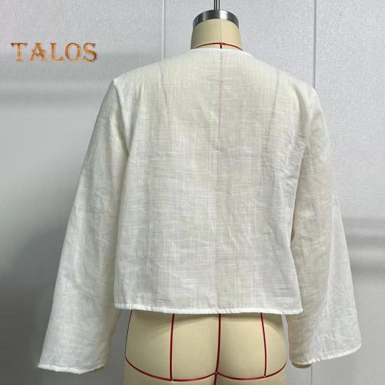 Damen-Shirt mit V-Ausschnitt, langen Ärmeln, lockere Passform, einfarbig, Sommer-Shirt mit Schnürung und Schleife, Strickjacke, Oberteil mit Bindeverschluss