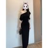 Light and Mature Style Black Slanted Shoulder Dress, Girlish Temperament Waist Long Dress, Zixia