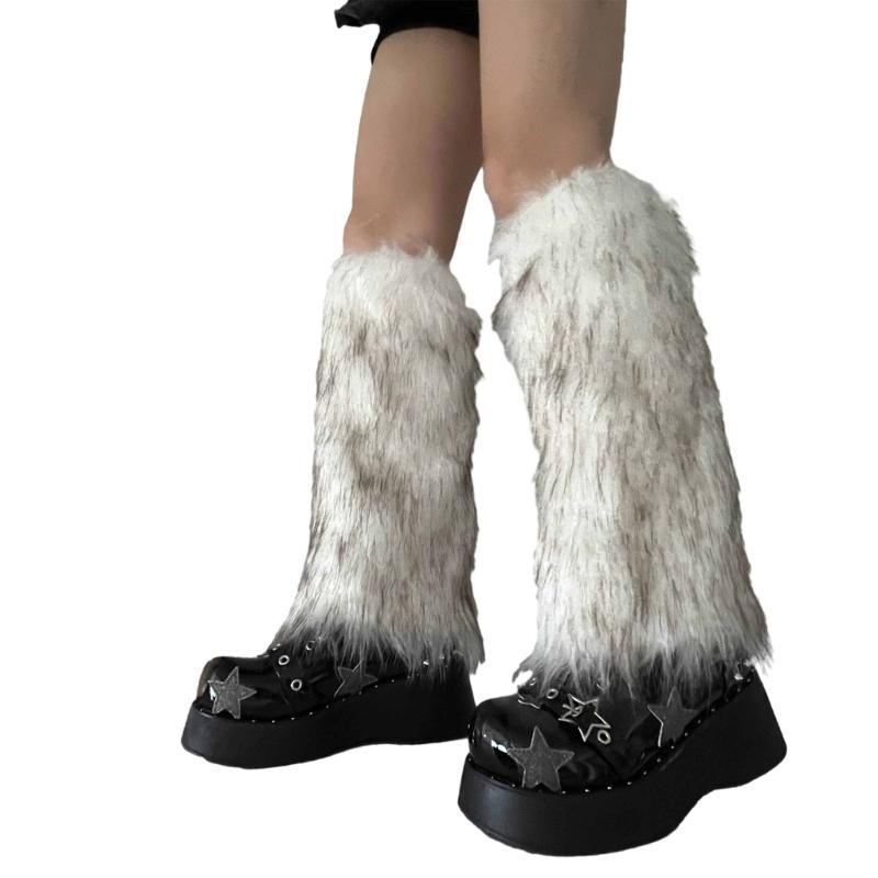 Fuzzy Faux Furs Leg Warmers Furs Heels Long Boots Cuffs Cover Has Elastic One Pair Carnivals Boot Cover Y2K JK Uniform
