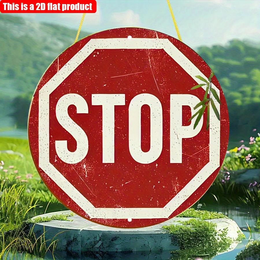 2D, flach, 20 x 20 cm, 1 Stück, Stoppschild im Vintage-Stil, zum Aufhängen an der Wand, rundes Retro-Verkehrsschild-Ornament, ideal für Bar, Café, Parkplatz und Hinterhof-Dekoration