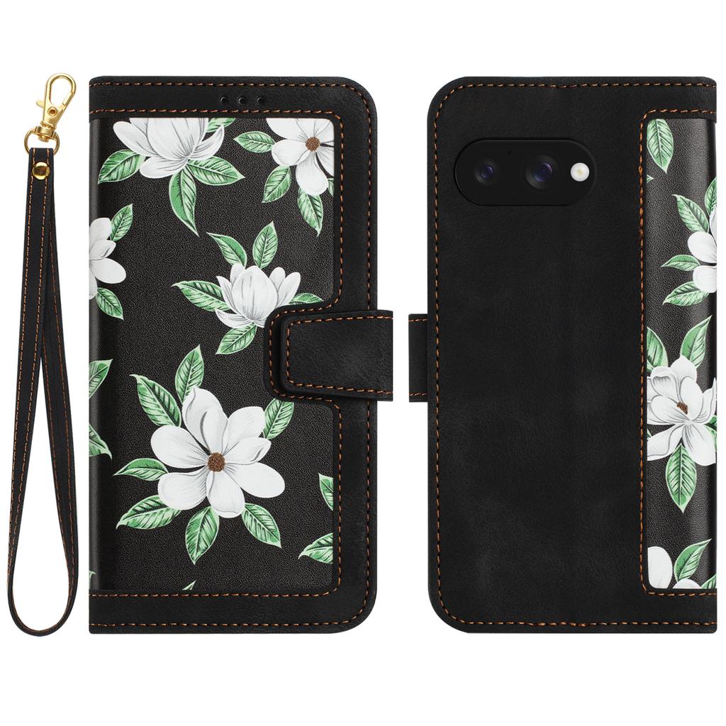 For Google Pixel 9a Case PU Leather Floral Phone Cover with Card Slots