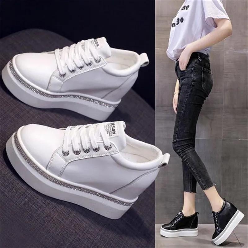 Fashion Plus Size 40 Women Wedge Sneakers Side lace-up PU Leather Casual Flat Shoes Sequins Thick Bottom White Shoes Internal Heighten