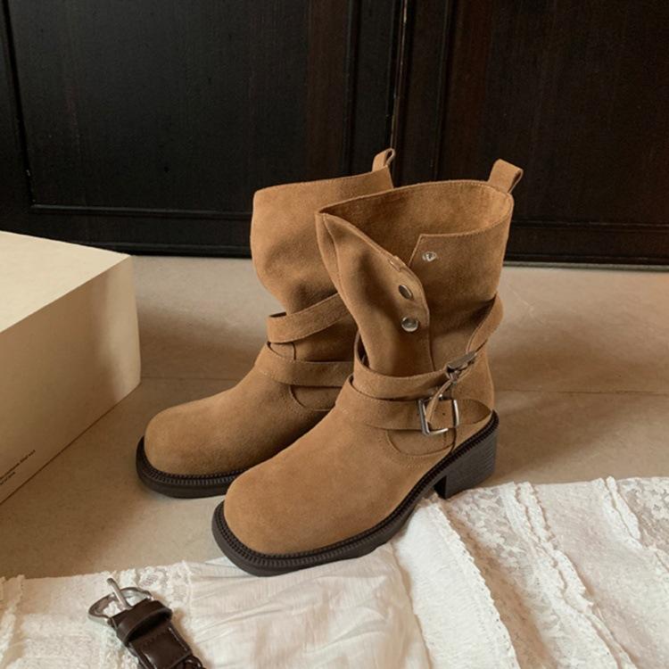 Cowhide version~ Height increase 5.5cm Maillard thick heel thick sole belt buckle thin thick heel short boots locomotive boots women's autumn