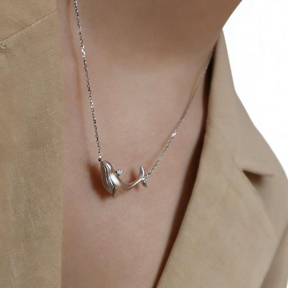 Silver Clavicle Chain Elegant Zircon Pendant Gift Whale Pendant Necklace  Jewelry