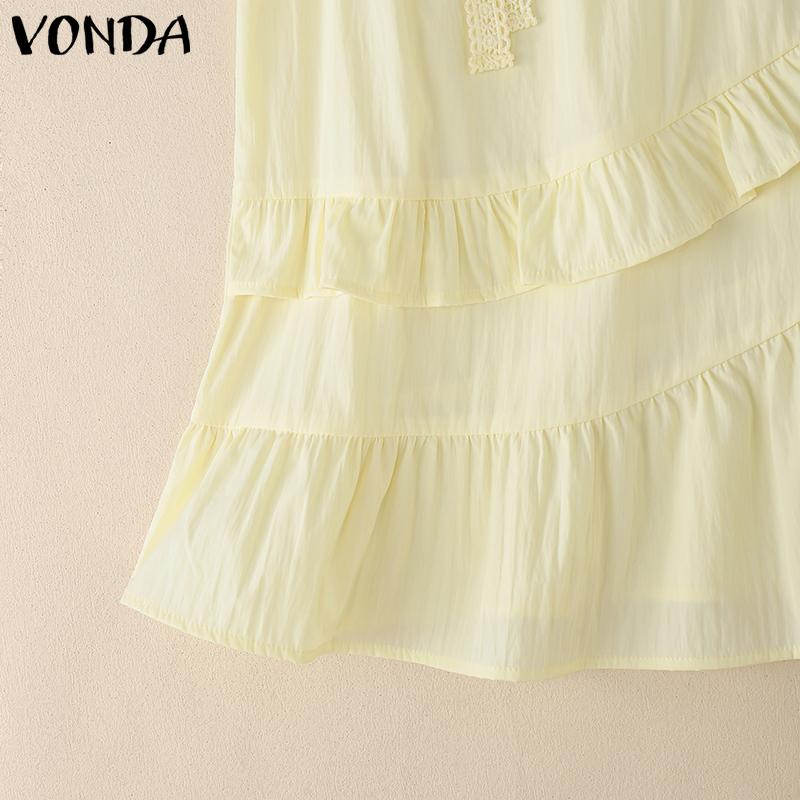 VONDA Women Sleeveless Crochet Tank Tops Casual Ruffled Patchwork Lace Hem Tops