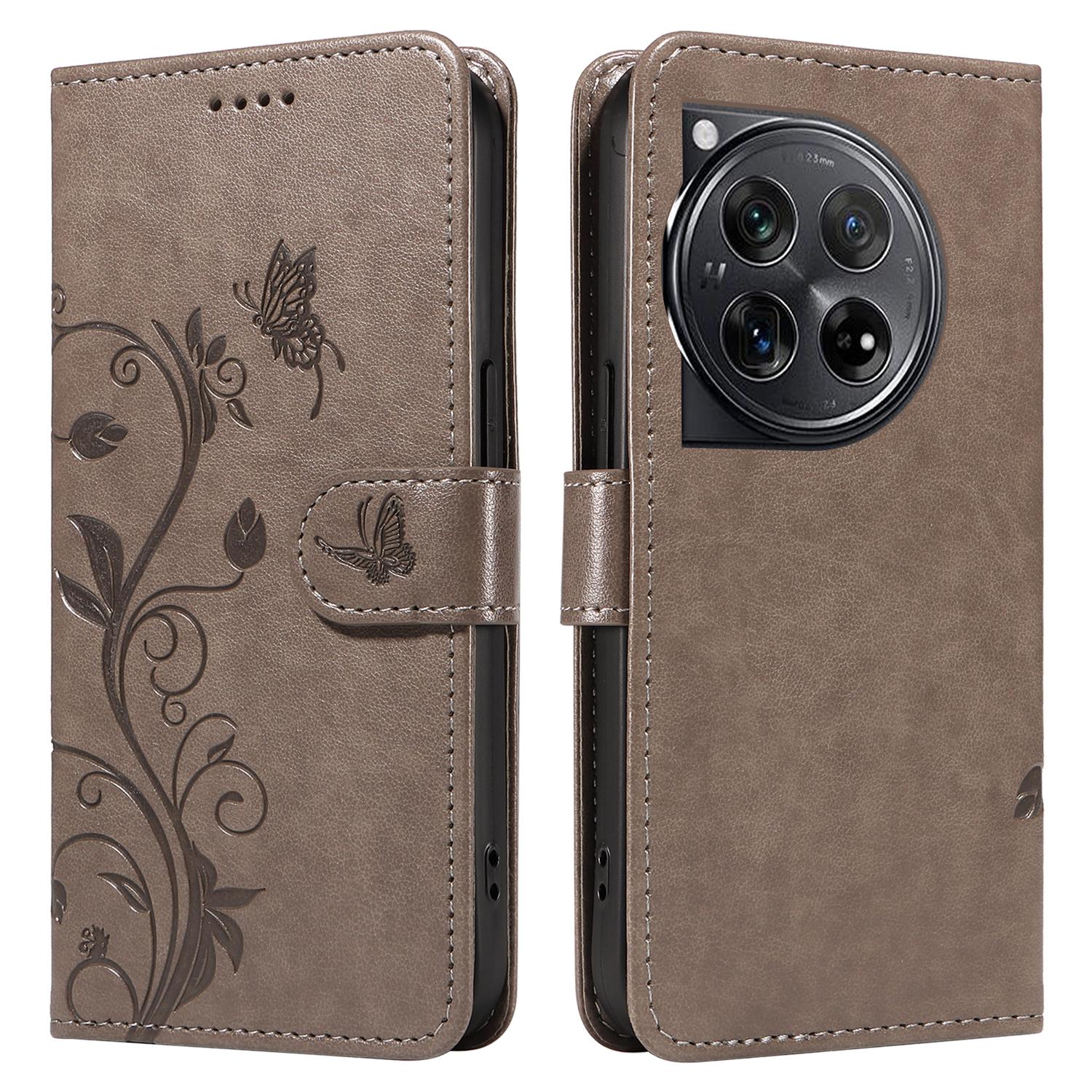 

For OnePlus 12 5G PU Leather Cases Flower Pattern Wallet Stand Phone Cover with Strap Grey