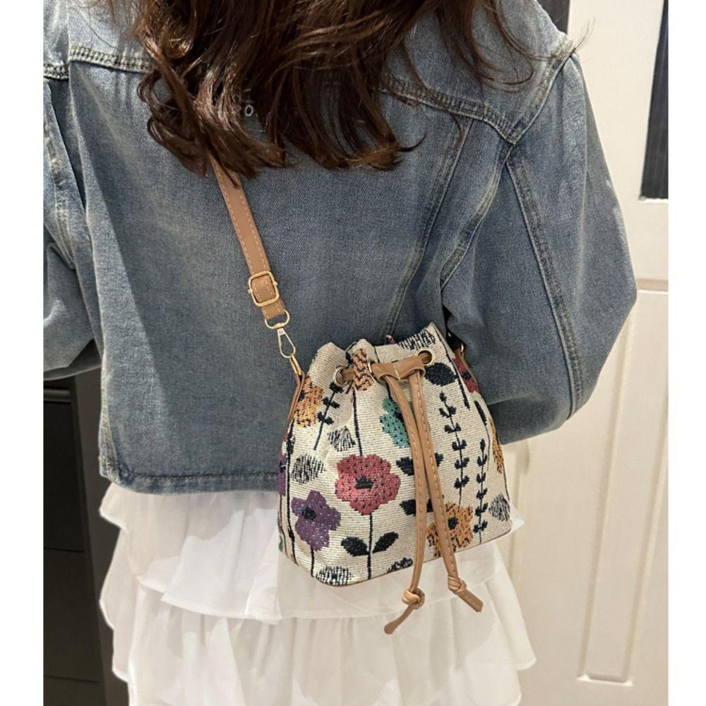 Fashion Linen Fabric Bucket Bag Floral Ethnic Style Crossbody Bag Handbag Women